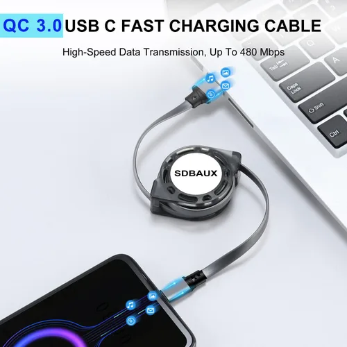 Vista 4 de SDBAUX Cable de carga retráctil USB A a tipo C, QC 3.0, carga rápida, sincronización de datos, compatible con Galaxy S23, S22, S10, Note G6, G5