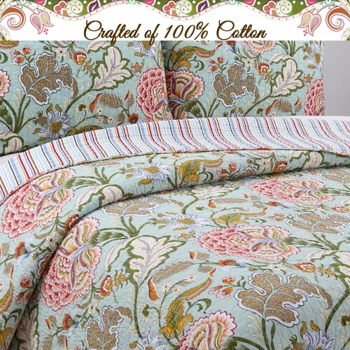 Vista 4 de Cozy Line Home Fashions Blooming Rojo Blanco Floral 100% Algodón Reversible Edredón Juego de Ropa de Cama, Colcha Cubrecama