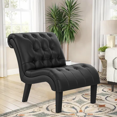 Vista 6 de Silla decorativa de piel sintética negra moderna con botones capitoné tapizada sin brazos para dormitorio, sala de estar con patas de madera Silla