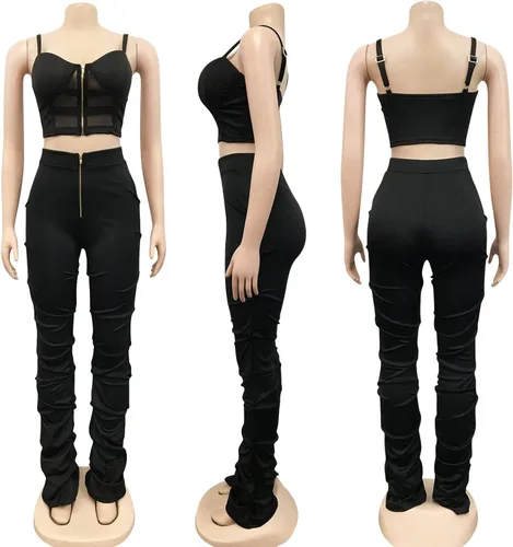 Vista 5 de Zoctuo - Overol sexy para mujer, sin mangas, con cuello halter, para fiesta, club, conjunto de 2 piezas, tiro alto, pantalones huecos