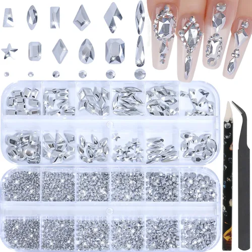 Vista 8 de Diamantes de imitación para uñas, tamaño 3D multiforma, gemas y dijes de cristal AB para uñas, parte trasera plana, con kit para arte de uñas