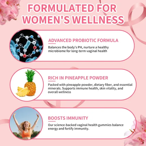 Vista 4 de Gomitas de equilibrio femenino prémium para la salud de la mujer, gomitas de piña hawaiana para mujeres, probióticos vaginales y apoyo