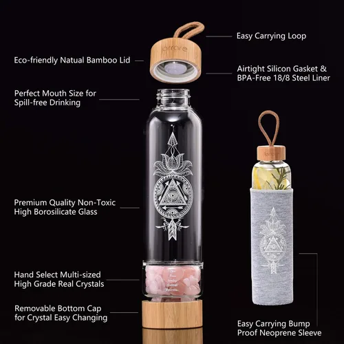 Vista 3 de Botellas de agua de cristal de 19 onzas, botella de agua grande con gemas de elixir de cristal con cristales intercambiables, botella de agua