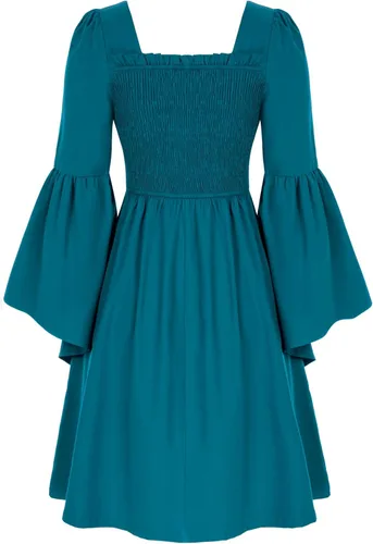 Vista 9 de Scarlet Darkness Vestido renacentista para mujer, manga larga, acampanado, medieval, cuello cuadrado, vestido de patinadora con bolsillos