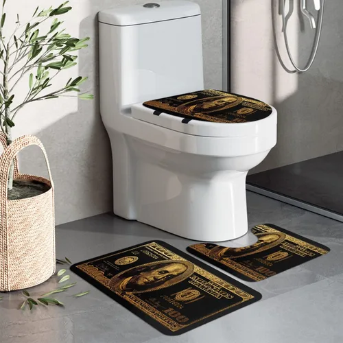 Vista 7 de GUBIYU Juego de alfombras de baño de 100 dólares, color negro y dorado, juego de alfombras de baño con dinero, tapete de baño antideslizante