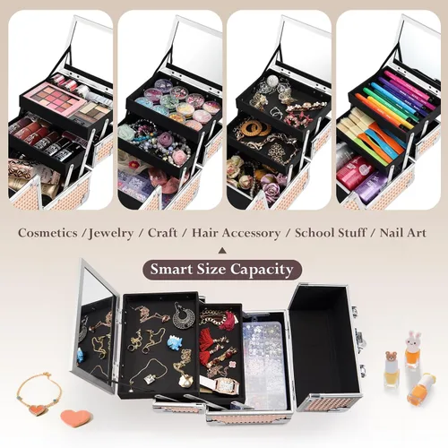 Vista 2 de FRENESSA Estuche de Maquillaje Tipo Maleta, Caja de Maquillaje Portátil con Espejo, Caja con Cerradura, Estuches de Maquillaje de Viaje Tipo Maleta