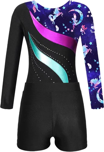 Vista 4 de TiaoBug Conjunto de leotardo de gimnasia de manga larga para niñas y niñas con pantalones cortos
