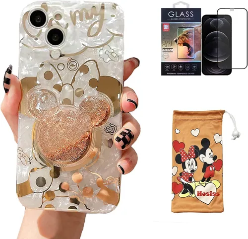 Vista 9 de Funda de dibujos animados para iPhone XR 6.1'' con protector de pantalla HD, Mickey Mouse con soporte para teléfono celular de arena movediza