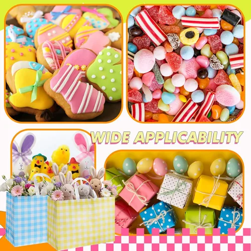 Vista 7 de Colarr 12 piezas bolsas de mano de Pascua extra grandes con asa, bolsa de regalo de primavera, no tejida, a cuadros búfalo, impermeable
