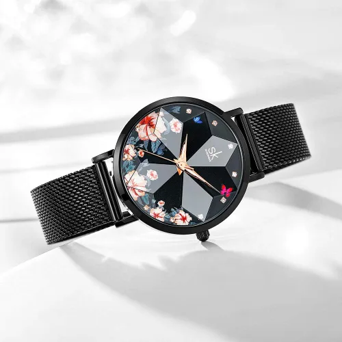 Vista 3 de SK Shengke - Reloj ultra delgado de creativo diseño minimalista floral o de cielo estrellado con extensibles de piel genuina o acero