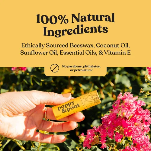 Vista 4 de Paquete de 3 unidades + caja de regalo, bálsamo labial Poppy & Pout 100% natural, tubo de cartón, rellenado a mano, cera de abejas, vitamina E