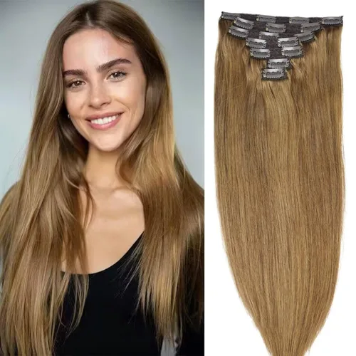 Vista 26 de Extensiones de cabello humano con clip de 14 pulgadas, 4.33 oz, 7 piezas, 16 clips, color marrón chocolate, doble trama, extensiones de cabello Remy