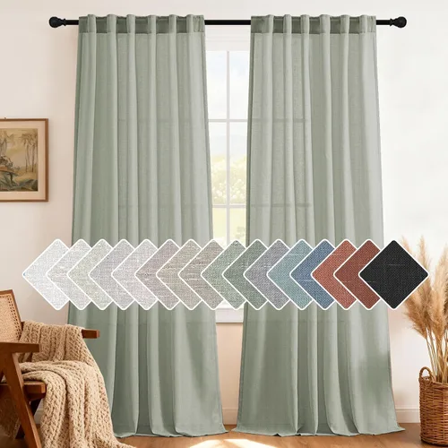 Vista 31 de H.VERSAILTEX Cortinas de lino natural de 63 pulgadas de largo para sala de estar, 2 paneles con trabillas traseras y bolsillo, texturizadas