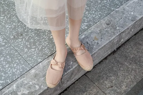 Vista 2 de Mocasines planos casuales con adornos de lazo para mujer, mocasines de lino, alpargatas Rosa
