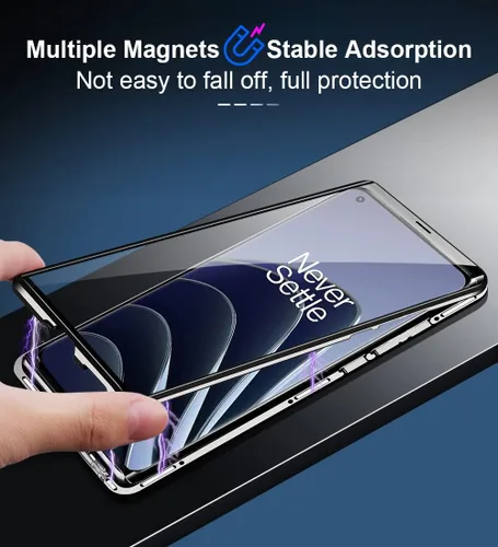 Vista 3 de QUIETIP Funda compatible con OnePlus 10 Pro, marco de metal magnético de vidrio templado transparente + policarbonato duro con parte trasera mate