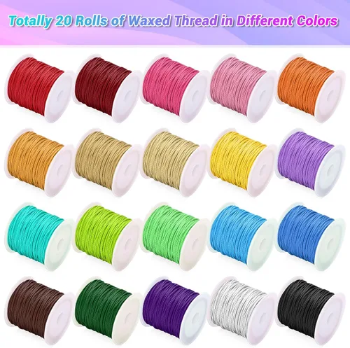 Vista 2 de Cridoz 20 rollos de hilo encerado para hacer pulseras, cordón de hilo encerado para pulseras, cordón de poliéster encerado para pulseras