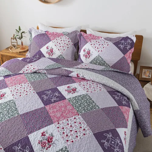 Vista 66 de Juego de cama de dos piezas, tamaño individual, de microfibra, reversible, de retazos, estilo floral, todas las estaciones, patrón de porcelana azul