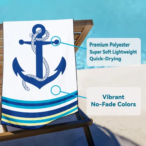 Vista 3 de Nautical Anchor - Toalla de playa extra grande, diseño de rayas blancas y azules, de secado rápido, absorbente, sin arena, suave, ligera, accesorios