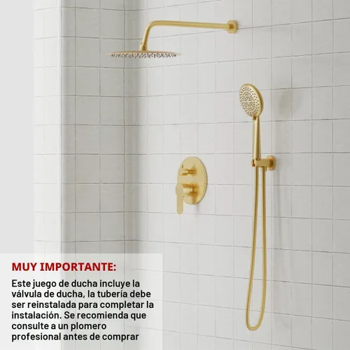 Vista 2 de Gabrylly Sistema de cabezal de ducha dorado, juego de grifo de ducha con válvula de ducha de equilibrio de presión, cabezales de ducha de 10 Oro