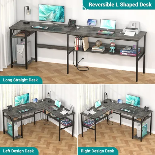 Vista 4 de Escritorio reversible en forma de L para juegos con tomas de corriente y puertos de carga USB, escritorio para computadora resistente con estante