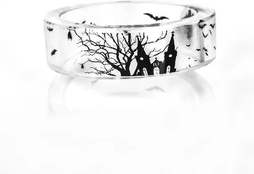 Vista 2 de JAJAFOOK 0315in resina acrílica transparente madera blanco y negro murciélago lápida estilo banda DIY anillo