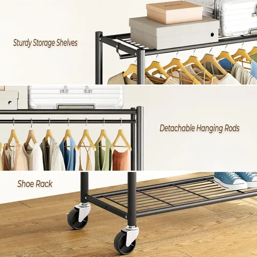 Vista 6 de HYSEYY Rolling Clothes Rack Heavy Duty Clothing Rack for Hanging Clothes Freestanding Garment Rack with Shelves & Wheels, Sturdy Portable Wardrobe