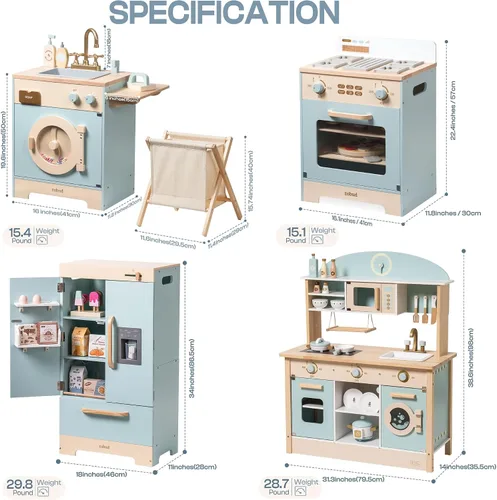 Vista 7 de ROBUD Juego de cocina de madera, juego de cocina de juguete para niños con diseño realista, utensilios, máquina de hielo, nevera, horno, lavadora