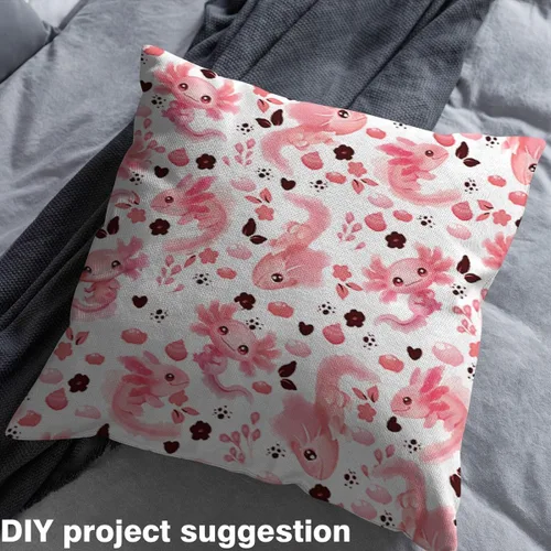 Vista 4 de Tela con Patrón de Ajolote Rosa por Yarda Estilo de Dibujos Animados Encantadora Tela de Vida Silvestre para Niños Adolescentes Flores Hojas Lindo