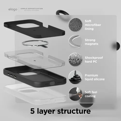 Vista 4 de elago - Carcasa magnética de silicona para iPhone 15, color negro Compatible con MagSafe, imanes integrados, silicona de agarre suave, a prueba