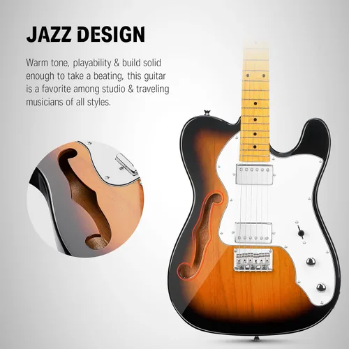 Vista 2 de Guitarra eléctrica Donner Jazz de 39 pulgadas TL Thinline F Hole para principiantes, tamaño grande, guitarra hueca con pastillas H-H, con bolso