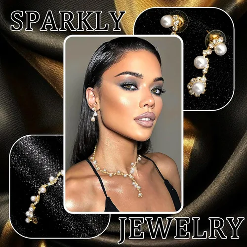 Vista 6 de Rhinestone Jewelry Set Crystal Pearl Necklace Bracelet Earrings Set Sparkly Necklace Dangle Earrings Wedding Prom Formal Costume Jewelry Sets for