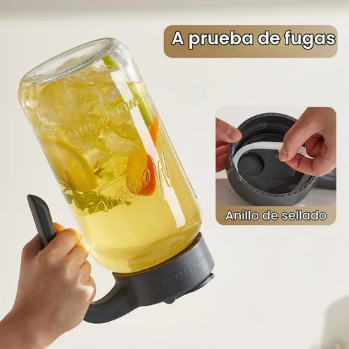 Vista 3 de Jarra Mason Jar de 64 onzas con tapa, boca ancha, jarra de agua de vidrio de 2 cuartos de galón con tapa, resistente, a prueba de fugas, té helado