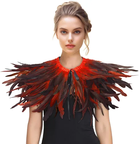 Vista 8 de HOMELEX Chal de plumas para mujer, collar de plumas de cuervo, capa de cisne de Halloween, accesorios de disfraz de bruja Layered feather shawl