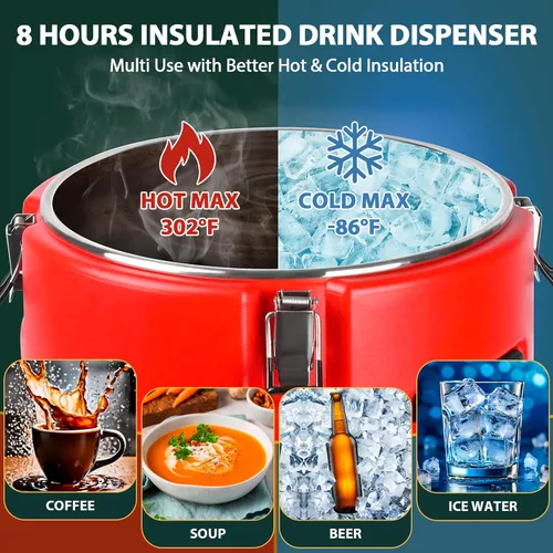Vista 5 de Dispensador de bebidas aislado de 8 galones, dispensador comercial de bebidas frías y calientes con interior de acero inoxidable 304 y boquilla