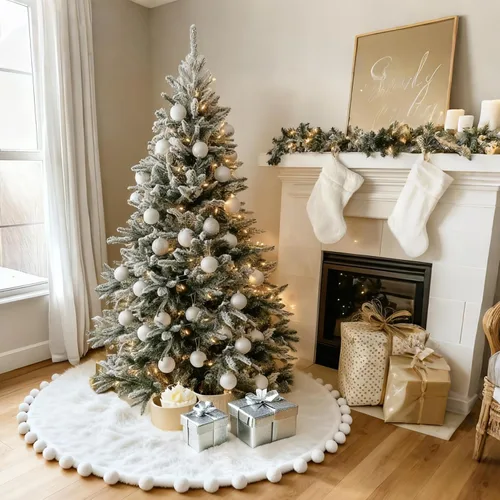Vista 3 de ORTIGIA Falda blanca para árbol de Navidad de 48 pulgadas con POM POM, falda de árbol de Navidad de felpa suave de piel sintética blanca para árbol