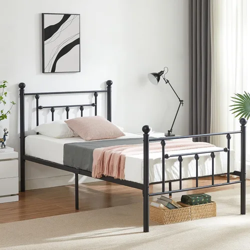 Vista 3 de VECELO Base de cama de plataforma metálica de tamaño individual con cabecera y estribo, soporte de listones de alta resistencia/no necesita somier