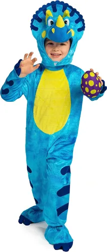Vista 8 de Spooktacular Creations Disfraz de triceratops para niños, disfraz de dinosaurio azul con huevo de felpa para niños, bebé, niño pequeño, mono