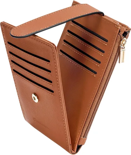 Vista 21 de Chelmon Cartera de mujer delgada con bloqueo RFID, billetera plegable con varios compartimientos para tarjetas con bolsillo con cremallera, Beige