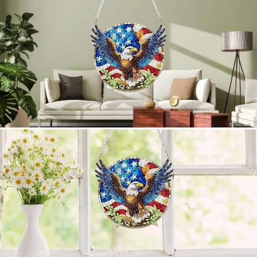 Vista 4 de MXJSUA Atrapasoles con pintura de diamante de águila calva americana, kits de arte de diamantes para adultos, adornos colgantes con cadena