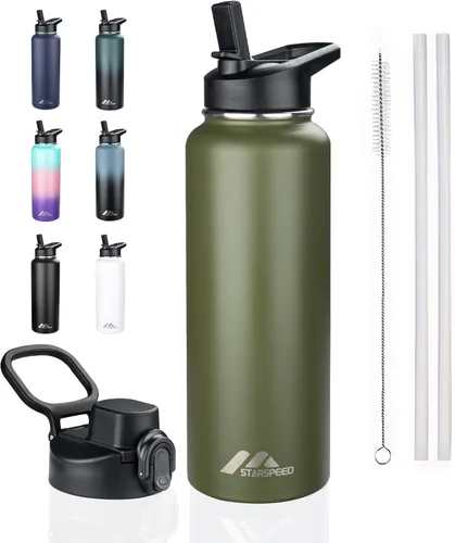 Vista 8 de StarSpeed Botella de agua aislada de 32 onzas con tapa con pajilla, botella de agua al vacío de doble pared de acero inoxidable, botella de agua