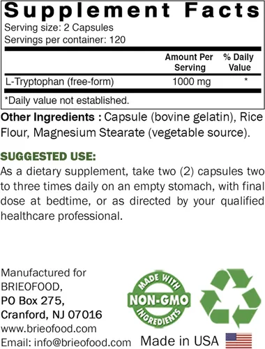 Vista 2 de Brieofood L-triptófano 1000 mg por porción - 240 cápsulas - Apoya el estado de ánimo venenoso y la relajación