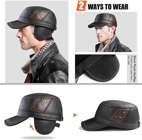 Vista 3 de Sumolux Gorra de cuero para hombre de invierno con orejeras militares cadete ejército sombrero superior plano