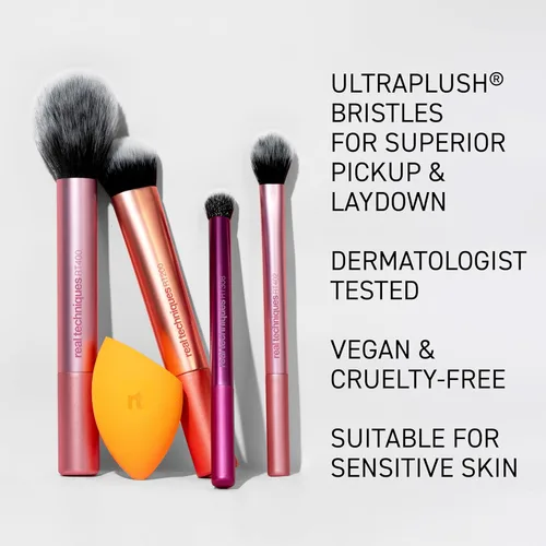 Vista 8 de Real Techniques Juego de 6 piezas de brochas de maquillaje esenciales para el día a día, incluye 4 brochas y 2 esponjas de maquillaje, para base