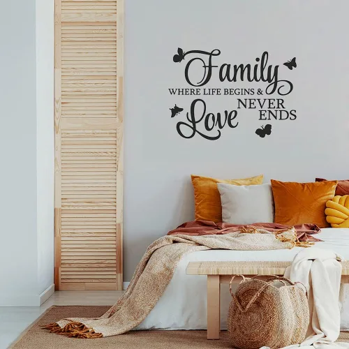 Vista 3 de Family Where Life Begins and Love Never Ends - Adhesivo con mariposas, calcomanías de vinilo extraíbles para pared, frases inspiradoras de arte