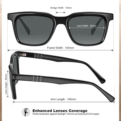 Vista 4 de CARFIA Small Square Polarized Sunglasses for Men UV400 Protection Acetate Retro Shades Driving Glasses