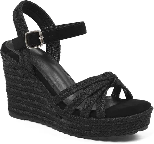Vista 16 de mikarka Sandalias de tacón de cuña para mujer: alpargatas con plataforma de Tacón de cuña de 3.94"/Nubuck negro