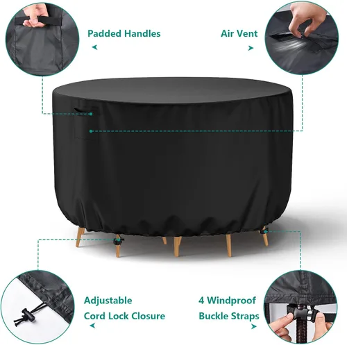 Vista 4 de Funda Redonda para Muebles de Patio, Fundas Impermeables para Mesas de Exterior, Funda para Muebles de Patio Resistente al Viento de Servicio Pesado