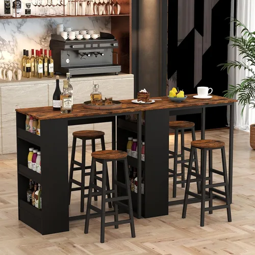 Vista 2 de COSTWAY Juego de mesa de bar de 3 piezas, juego de mesa de desayuno de con 3 estantes de almacenamiento, 2 taburetes redondos, juego de mesa