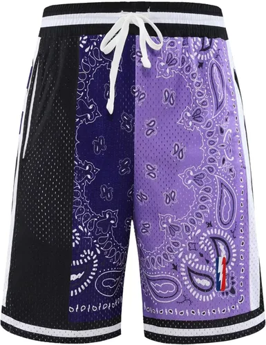 Vista 2 de BOOMLEMON Pantalones cortos de baloncesto para hombre, pantalones cortos de entrenamiento atléticos de cachemira, pantalones cortos de malla
