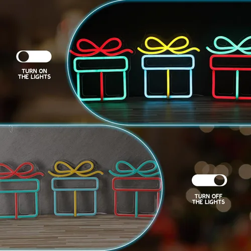 Vista 4 de ROCEEI 3 letreros de neón de Navidad, caja de regalo de luces de neón, barra de pared LED USB, decoración de sala de estar para fiesta de invierno